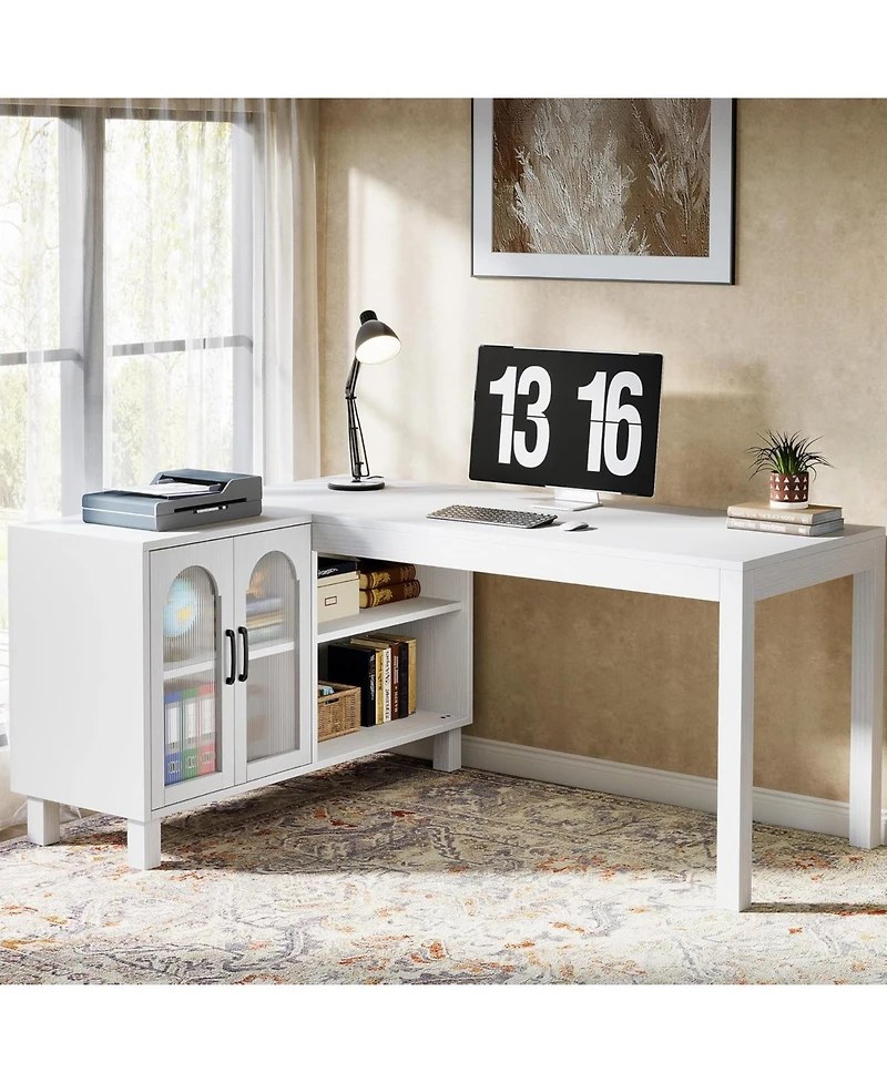 Tribesigns 59-Inch L Shaped Computer Desk with Cabinet, Farmhouse Corner Desk with Storage Shelves, L Shaped Executive Desk, Long Writing Desk for Hom