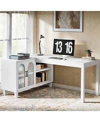 Tribesigns 59-Inch L Shaped Computer Desk with Cabinet, Farmhouse Corner Desk with Storage Shelves, L Shaped Executive Desk, Long Writing Desk for Hom