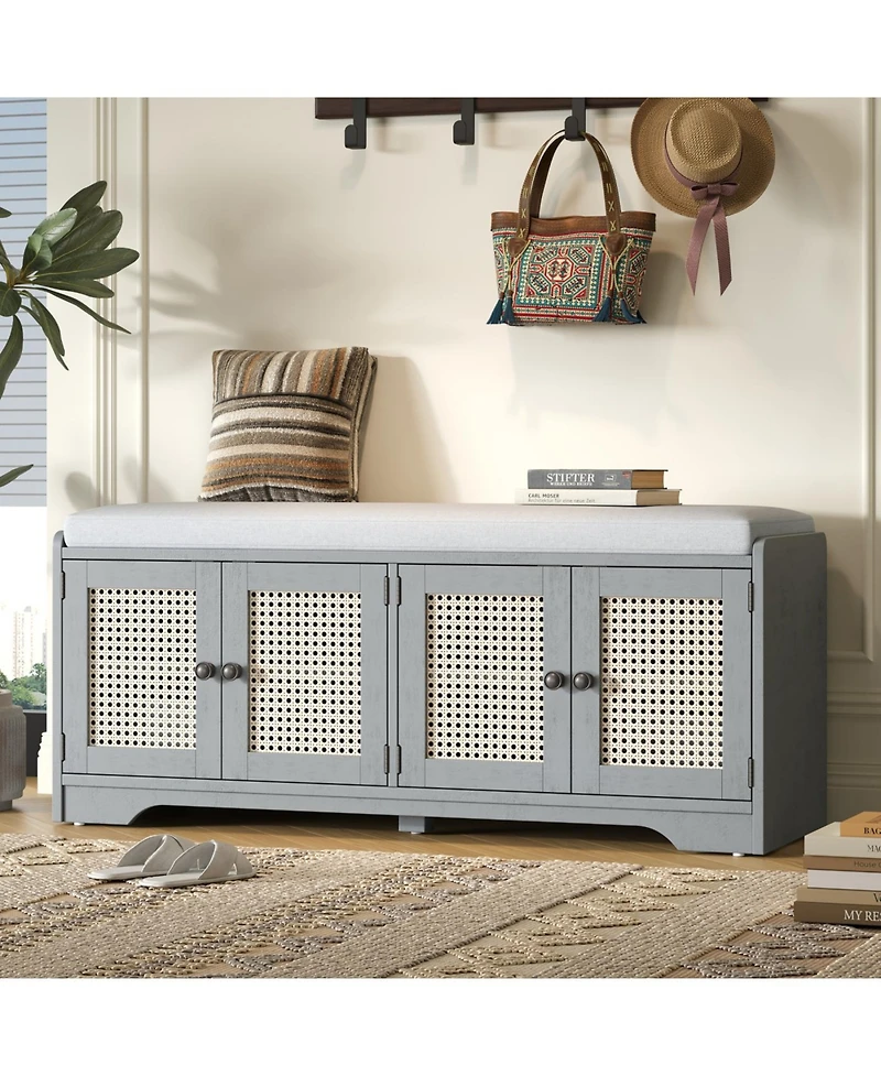 Streamdale Furniture Rustic Storage Bench with Cushion and Rattan Doors (Brown+Beige