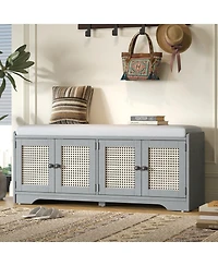Streamdale Furniture Rustic Storage Bench with Cushion and Rattan Doors (Brown+Beige