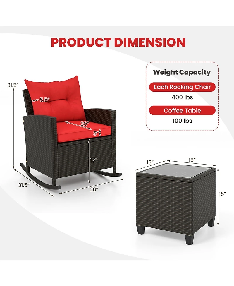 Gymax Set of 3 Wicker Rocking Set w/ Tempered Glass Table Patio Outdoor