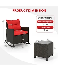 Gymax Set of 3 Wicker Rocking Set w/ Tempered Glass Table Patio Outdoor