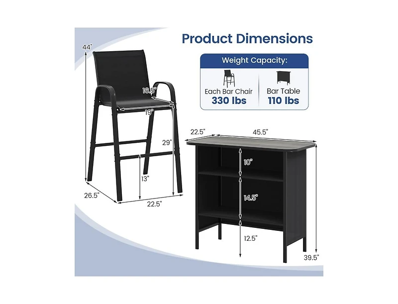 Slickblue Outdoor 3-Piece Bar Set with 2-Tier Storage and Footrest