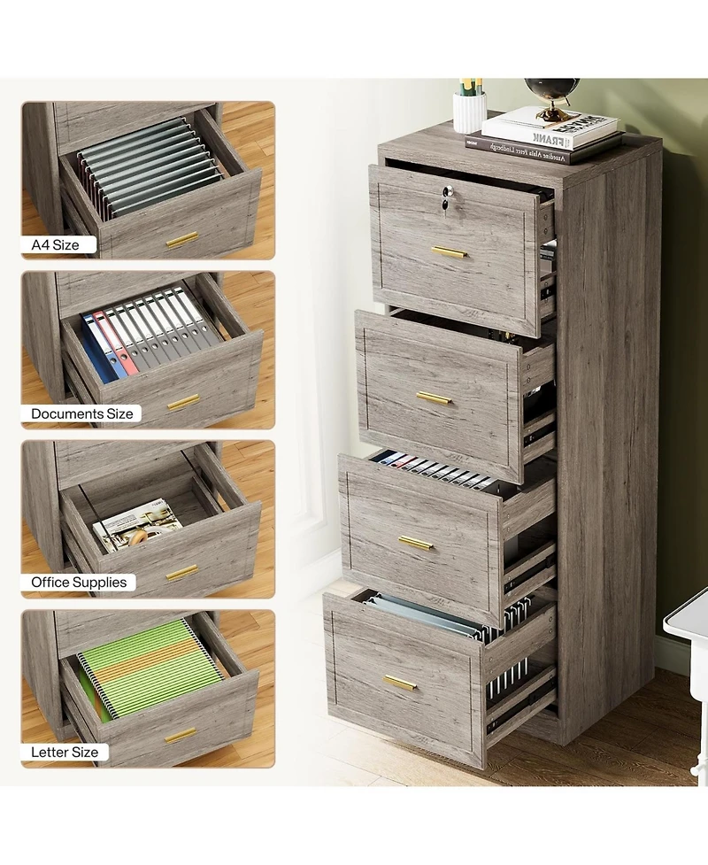 Tribesigns 4-Drawer File Cabinet, Vertical Filing Cabinet with Lock, Wood Storage Cabinet for Home Office,Locable File Cabinet for A4/F4/Letter/Legal