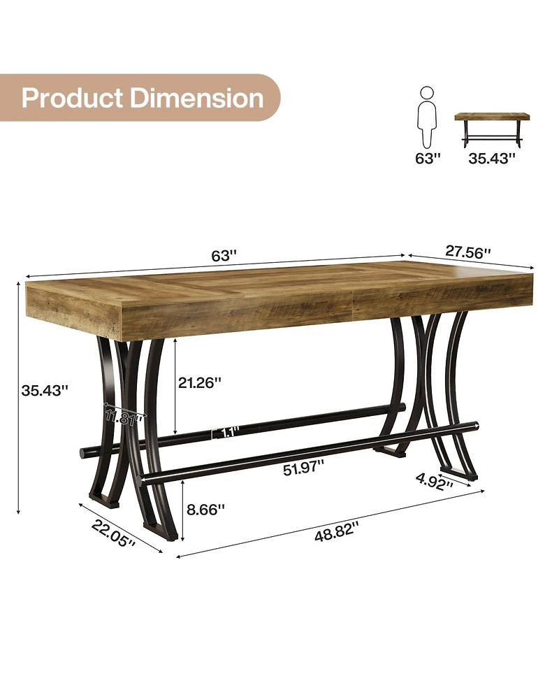 Tribesigns 63" Counter Height Dining Table with Metal Footrest, Rectangular Tall Kitchen Bar Table, Natural
