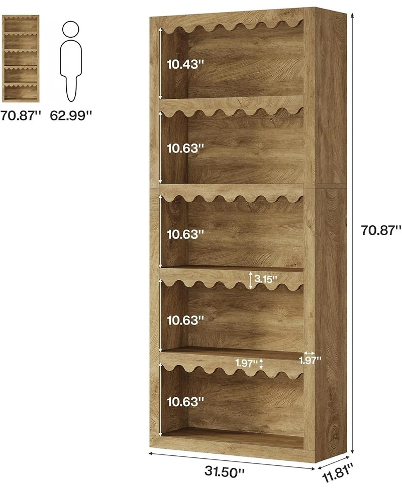 Tribesigns 5-Tier Open Bookcase, 70-Inch Tall Bookshelf with Scalloped Edges