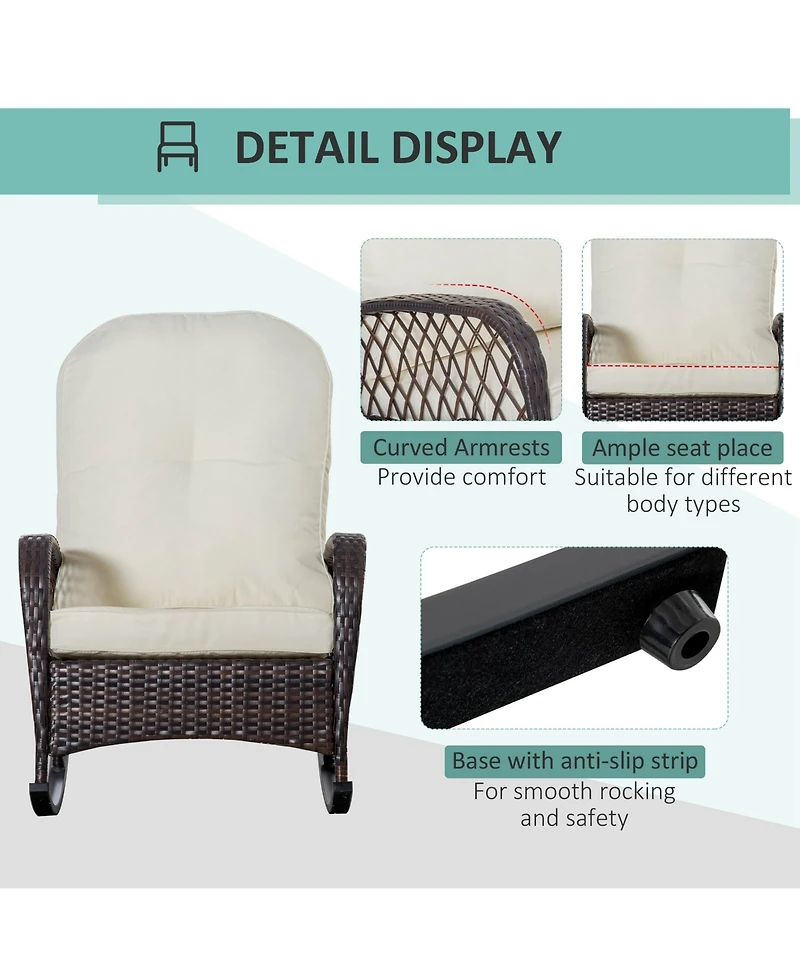 Outsunny Outdoor Wicker Rocking Chair with Wide Seat, Thick, Soft Cushion, Rattan Rocker w/Steel Frame, High Weight Capacity for Patio, Garden, Backya