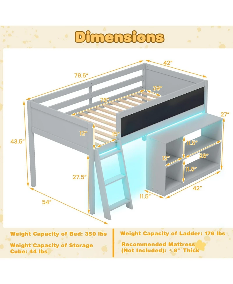Slickblue Wooden Kids Loft Bed with Led Lighting and Detachable Bookcase Organizer