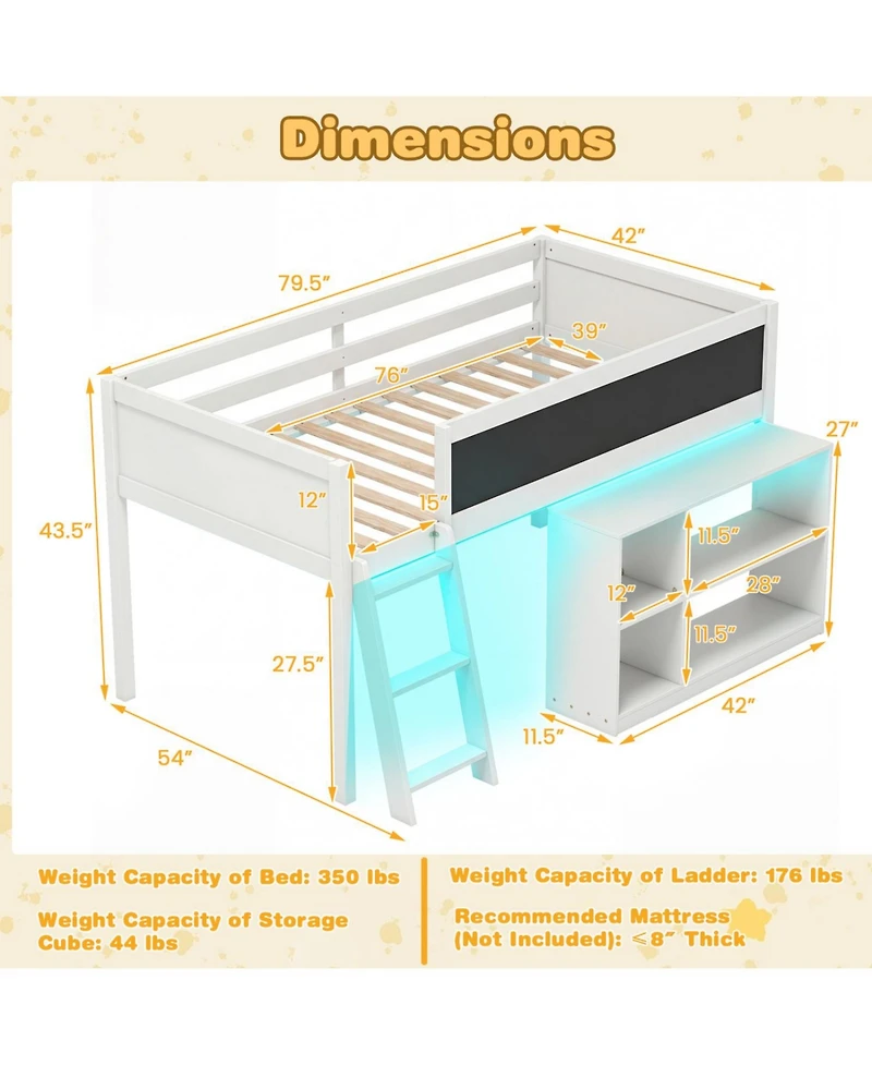 Slickblue Wooden Kids Loft Bed with Led Lighting and Detachable Bookcase Organizer