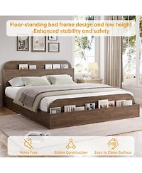 Homfan Wooden Beds with Storage Headboard and Raised-Foodboard, Twin-Floor Low Platform Bed for Bedroom