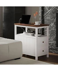 Homcom Narrow End Table with Charging Station, Usb Ports, Drawers,
