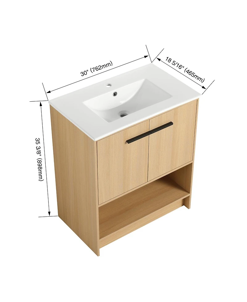 Sillysis Freestanding Bathroom Vanity with Ceramic Sink, Open Storage Shelf, 2 Soft Closing Doors