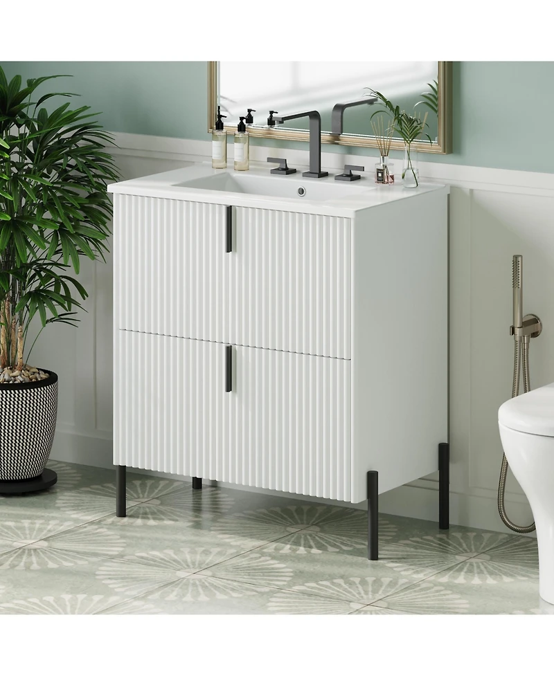 Busdays 30 Inch Bathroom Vanity with Ceramic Sink Full Extension Drawers Soft Close Undermount Slides Fluted Design Freestanding Storage Cabinet