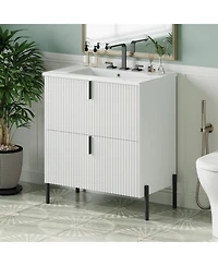 Busdays 30 Inch Bathroom Vanity with Ceramic Sink Full Extension Drawers Soft Close Undermount Slides Fluted Design Freestanding Storage Cabinet