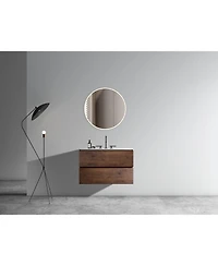 Busdays 30 Inch Wall Mount Walnut Bathroom Vanity with Ceramic Sink 3 Faucet Holes Large Floating Storage One Piece Basin Pre Assembled