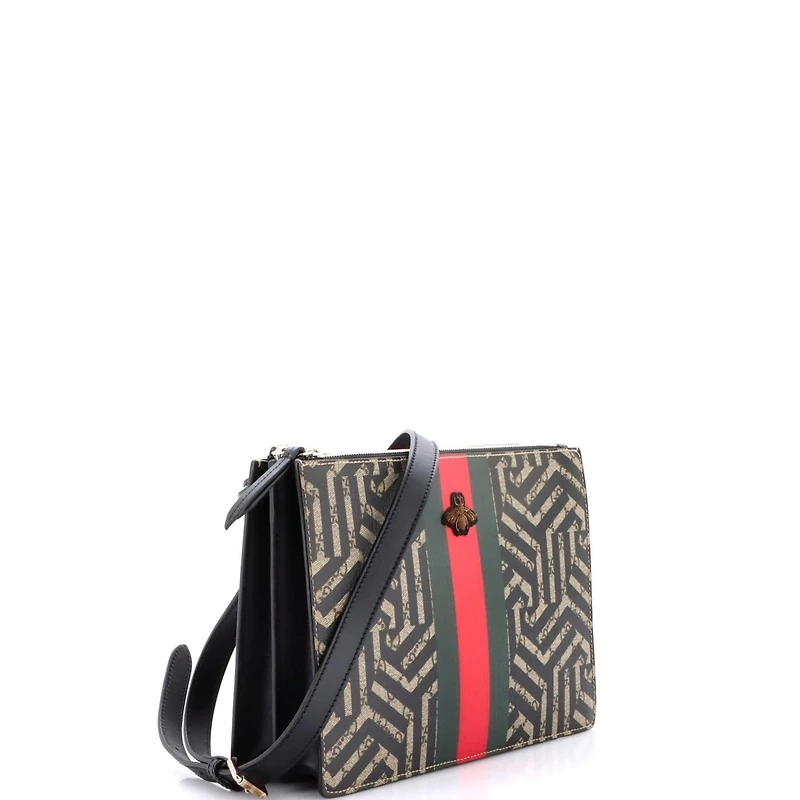 Pre-Owned Gucci Small Bee Web Zip Messenger Bag Caleido Gg Coated Canvas