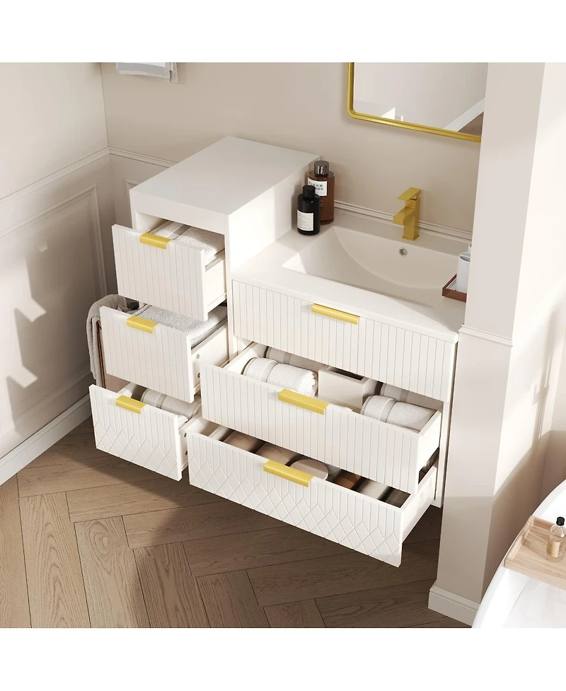 Sillysis Bathroom Vanity with Side Storage Cabinet, Wall Mounted Ceramic Sink and Soft Close Drawers for Small Spaces-Sillysis