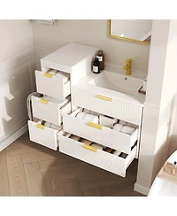 Sillysis Bathroom Vanity with Side Storage Cabinet, Wall Mounted Ceramic Sink and Soft Close Drawers for Small Spaces-Sillysis