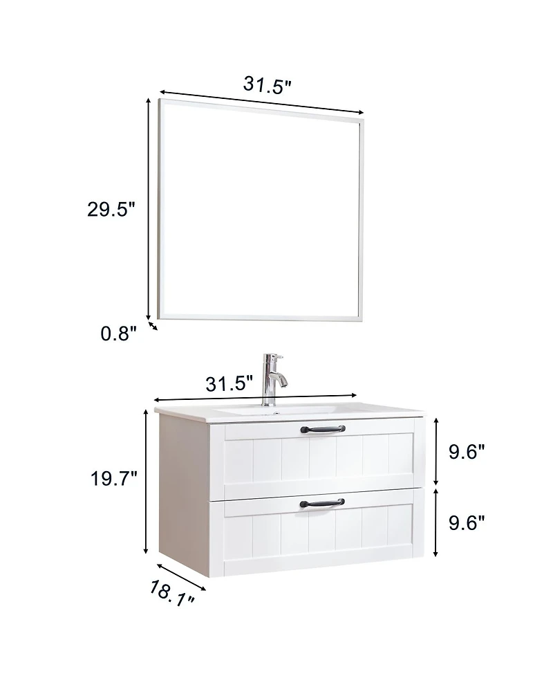 Sillysis 31.5 Inch Wall Mounted Bathroom Vanity with Sink and Mirror, Modern White Floating Solid Wood Cabinet, Soft Close Drawers
