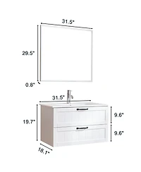 Sillysis 31.5 Inch Wall Mounted Bathroom Vanity with Sink and Mirror, Modern White Floating Solid Wood Cabinet, Soft Close Drawers