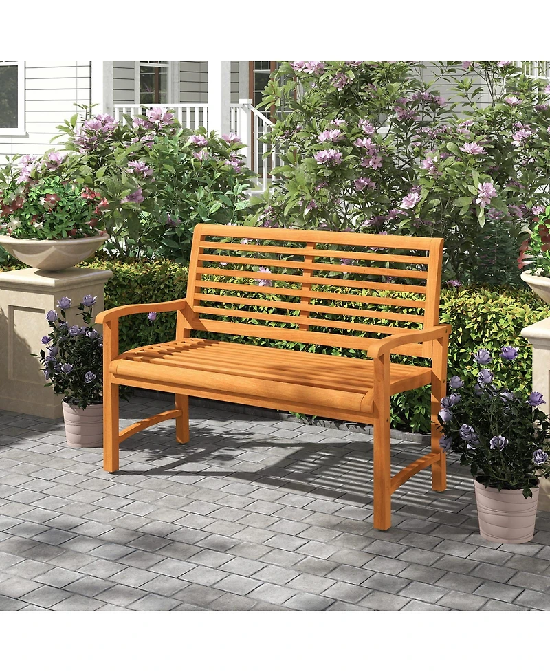 Gymax Teak Wood Outdoor Garden Bench 800 lbs Capacity Slatted Backrest Seat Armrests