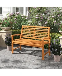 Gymax Teak Wood Outdoor Garden Bench 800 lbs Capacity Slatted Backrest Seat Armrests