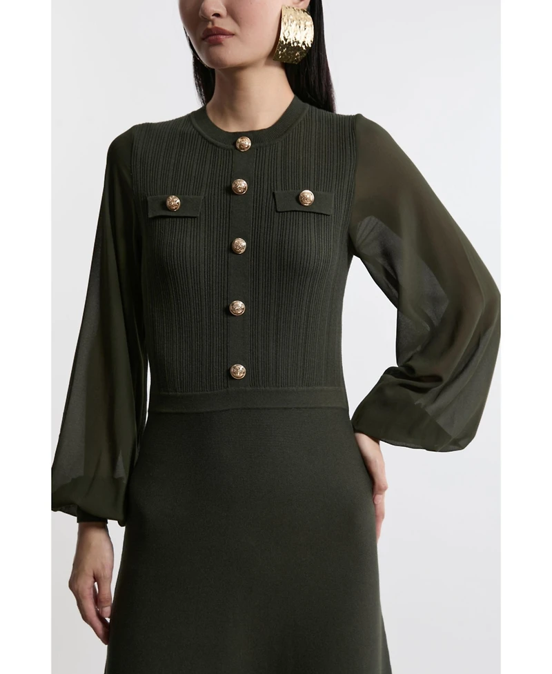 Karen Millen Women's Military-Trim Chiffon-Sleeve Knit Dress