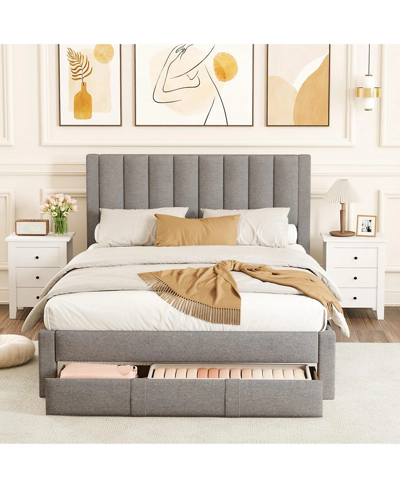 Slickblue Upholstered Bed Frame with Storage Drawer and Vertical Channel Tufted Headboard