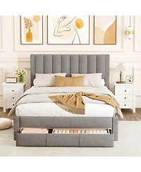 Slickblue Upholstered Bed Frame with Storage Drawer and Vertical Channel Tufted Headboard