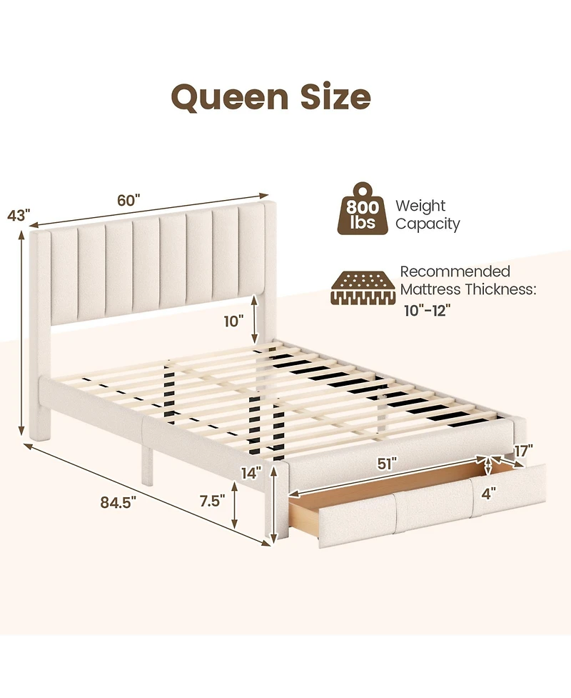 Slickblue Upholstered Bed Frame with Storage Drawer and Vertical Channel Tufted Headboard