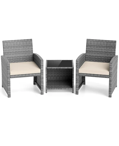 Sugift 3-Piece Patio Furniture Set with Tempered Glass Coffee Table and Soft Seat Cushions
