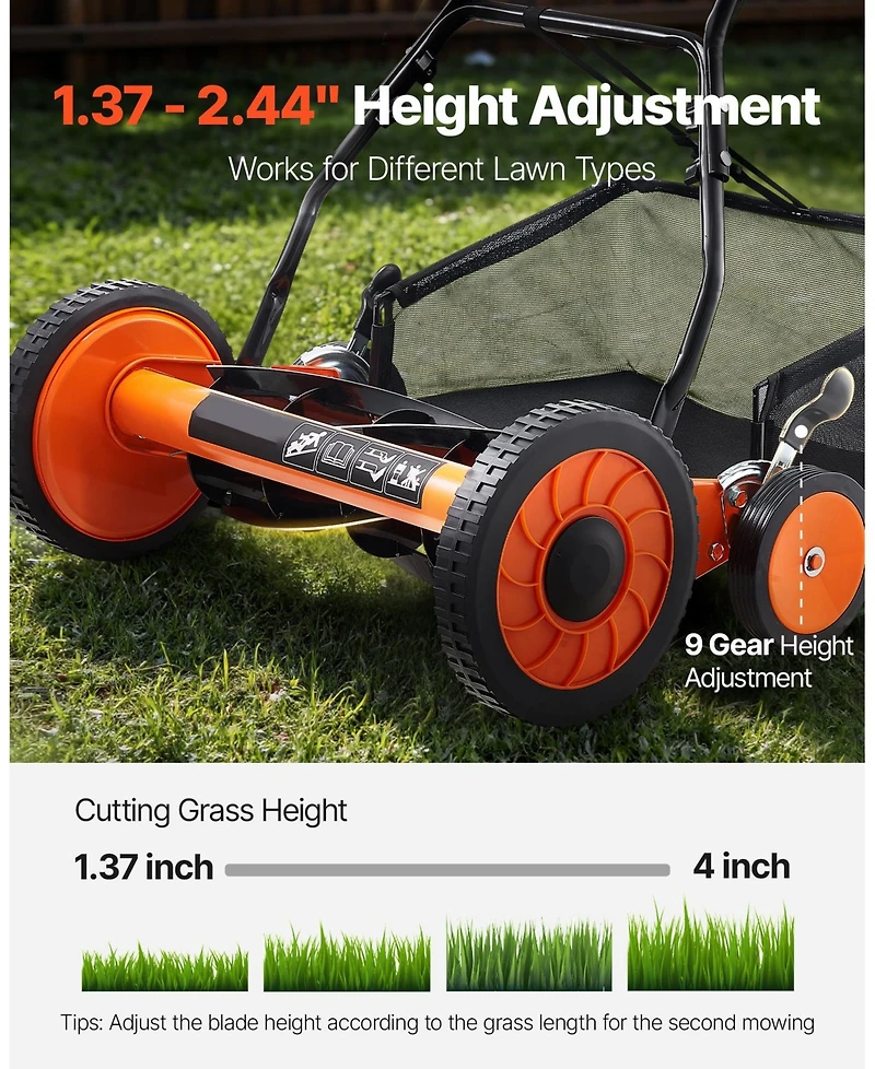 Mecale 18inch Push Reel Lawn Mower, 5-Blade Manual Mower, Adjustable Cutting Height, Includes Grass Catcher Bag