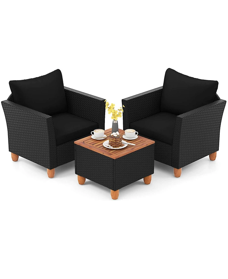 3PCS Outdoor Patio Rattan Furniture Set Wooden Table Cushioned Sofa