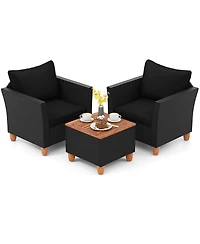 3PCS Outdoor Patio Rattan Furniture Set Wooden Table Cushioned Sofa