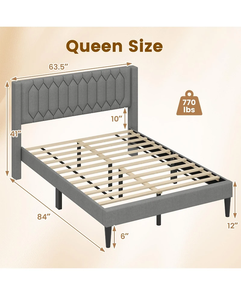 Slickblue Modern Upholstered Bed Frame with Wingback Headboard and Wooden Slats Support System