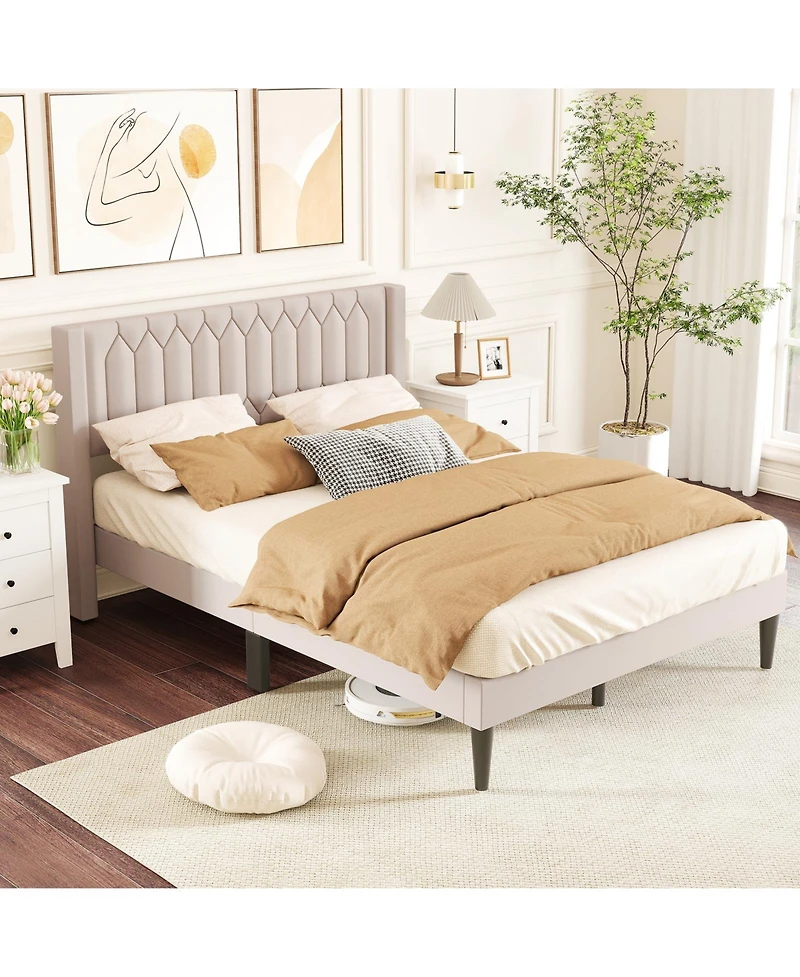 Slickblue Modern Upholstered Bed Frame with Wingback Headboard and Wooden Slats Support System