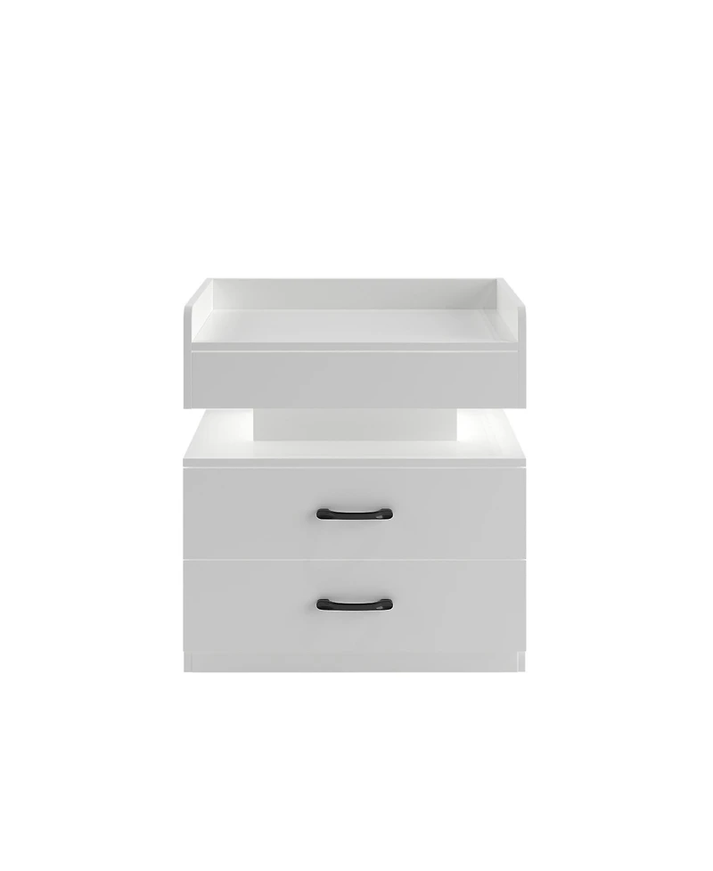 Rainsken Nightstand with Adjustable Led Strip Light, Bedside Table with 2 Drawers, Flip Top Hidden Storage, High Gloss Wood End Table for Bedroom