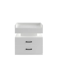 Rainsken Nightstand with Adjustable Led Strip Light, Bedside Table with 2 Drawers, Flip Top Hidden Storage, High Gloss Wood End Table for Bedroom