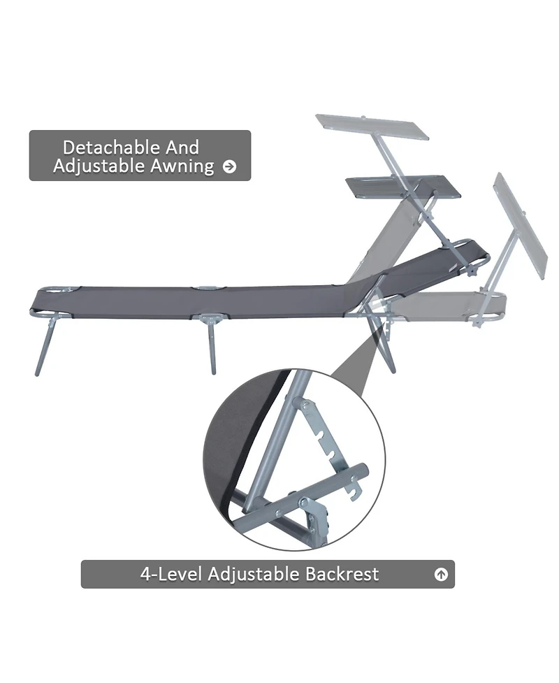 ECHTPeak Outdoor Lounge Chair, with Sun Shade and Headrest, Adjustable Folding Chaise Lounge, Holds 300 lb, for Beach, Camping, Hiking, Backyard