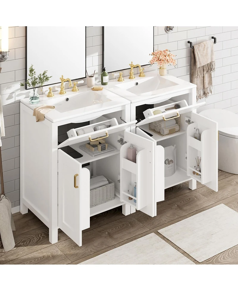 Sillysis Double Sink Bathroom Vanity, Solid Wood Cabinet, Ceramic Top, Soft Close Doors and Storage for Modern Homes