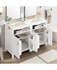 Sillysis Double Sink Bathroom Vanity, Solid Wood Cabinet, Ceramic Top, Soft Close Doors and Storage for Modern Homes