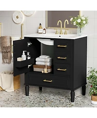 Sillysis Bathroom Vanity with Ceramic Sink, Solid Wood Frame, 3 Drawers and Soft Close Door, Modern Storage Cabinet