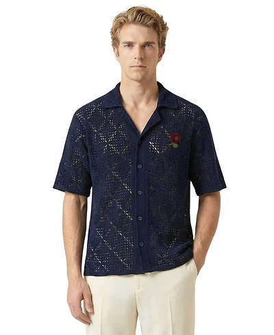 Modenaire Men's Open-Knit Short-Sleeve Embroidered Shirt