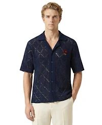 Modenaire Men's Open-Knit Short-Sleeve Embroidered Shirt