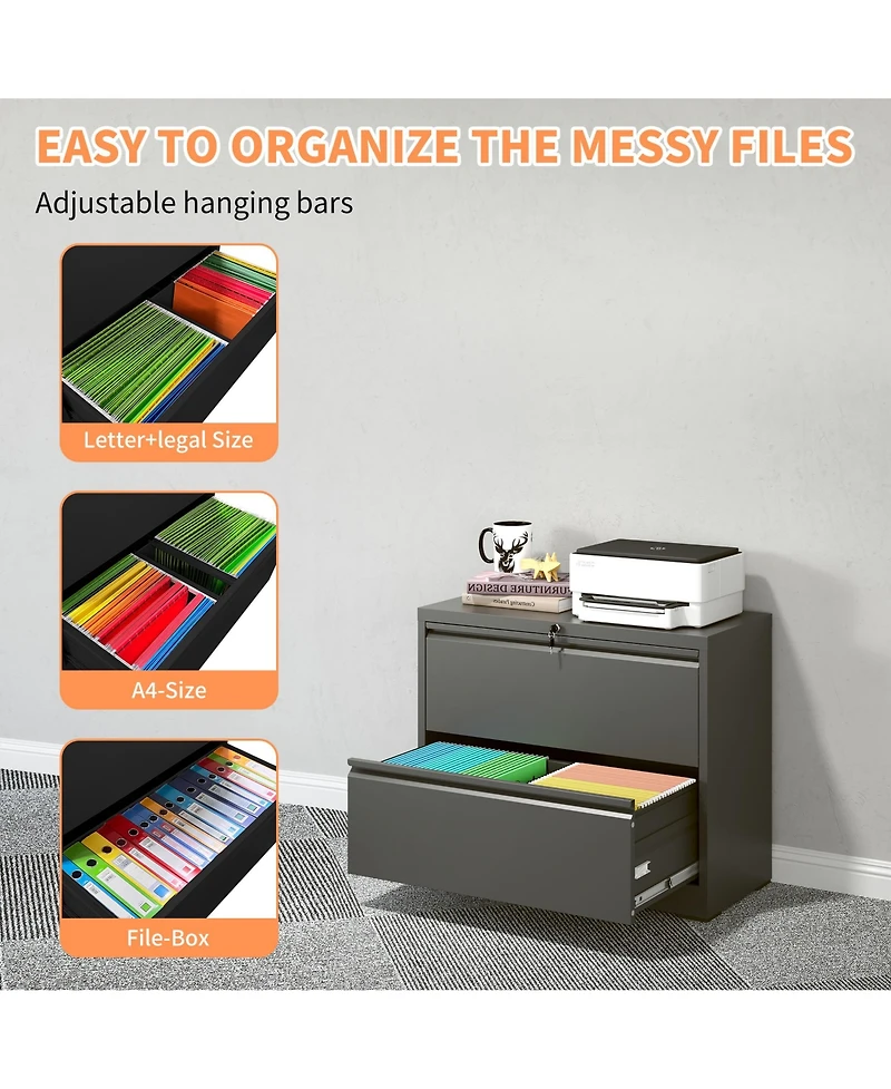 Rainsken Lateral File Cabinet, Metal Filing Cabinet with 2 Drawer and Lock, Anti-Tip Design for Legal/Letter/A4/F4