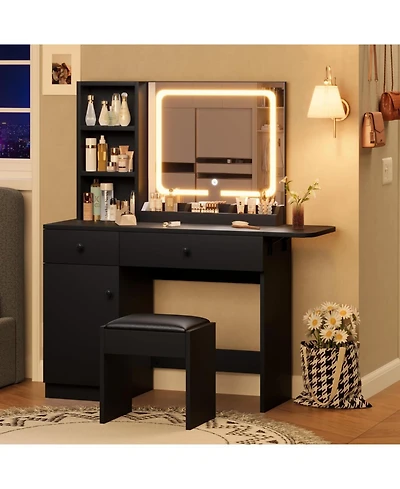 Homfan Vanity Desk with Mirror and Light, Makeup Vanity with 2 Drawers and Open Shelves, 3-Color Lights, Dressing Table for Women Bedroom