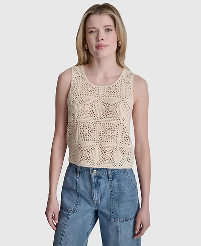 Dkny Jeans Women's Sleeveless Crochet Square Knit Tank Top