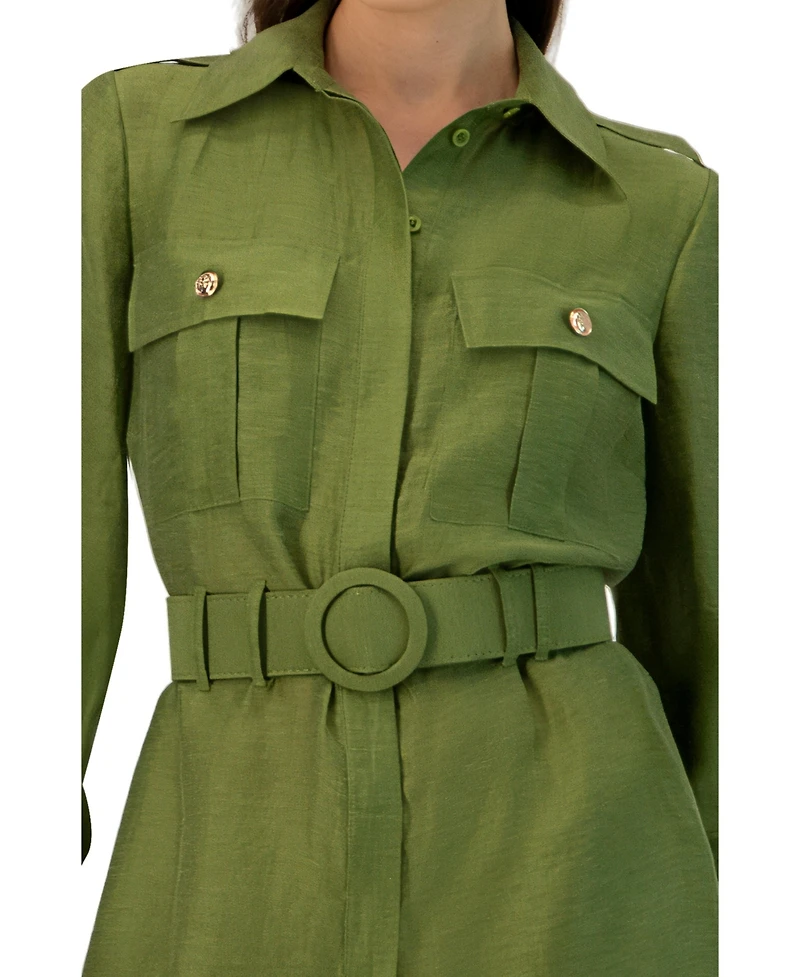 Ivonne Women's Belted Linen Romper with Cargo Patch Pockets