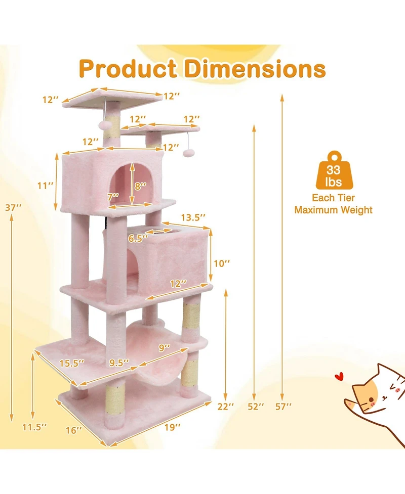 Cozito Cat Tree 57 inch with Dual Condos and Hammock Hanging Balls