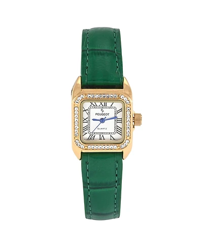 Peugeot Women's Tank Watch with Crystal Bezel Leather Strap